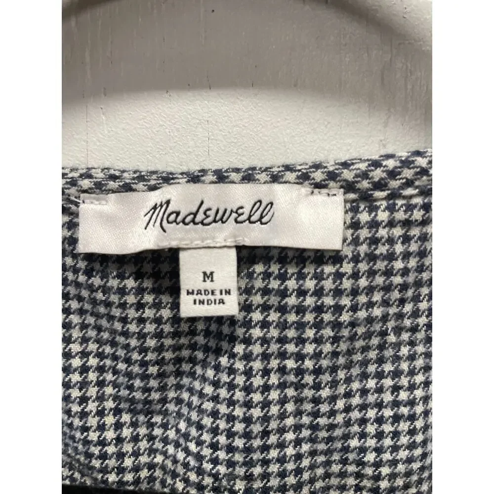 Madewell Women's V Neck Top Small Puff Sleeves Cropped Navy & Ivory Houndstooth